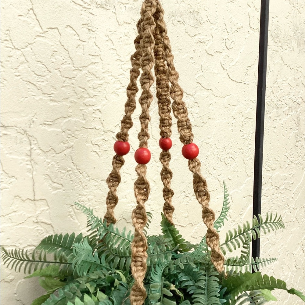 Macrame Plant Hanger Hand Crafted Red Beads Natural Tan Jute Boho